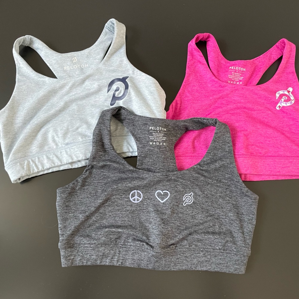 Peloton Sports Bra Trio in Light Blue, Charcoal, and Pink